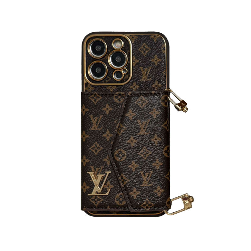 Pokročilé kožené pouzdro iPhone s peněženkami a popruh hnědý